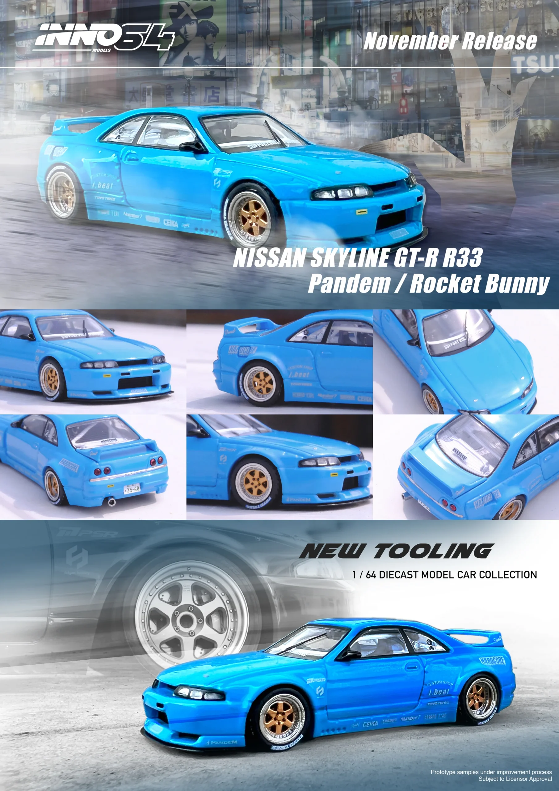 INNO64 164 NISSAN SKYLINE GT-R (R33) PANDEM ROCKET BUNNY BLUE